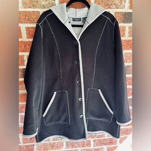 SUSAN GRAVER WEEKEND BLACK & GRAY HOODED BUTTON UP FLEECE JACKET LARGE